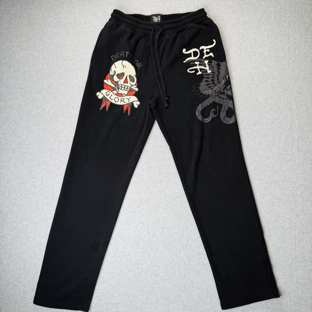 Ed Hardy Mens Small Death or Glory Fleece Sweatpants Skull Black Stretch Pockets